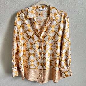 House of Harlow Yellow Geometric Satin Button Down Blouse Women's L 70s Retro